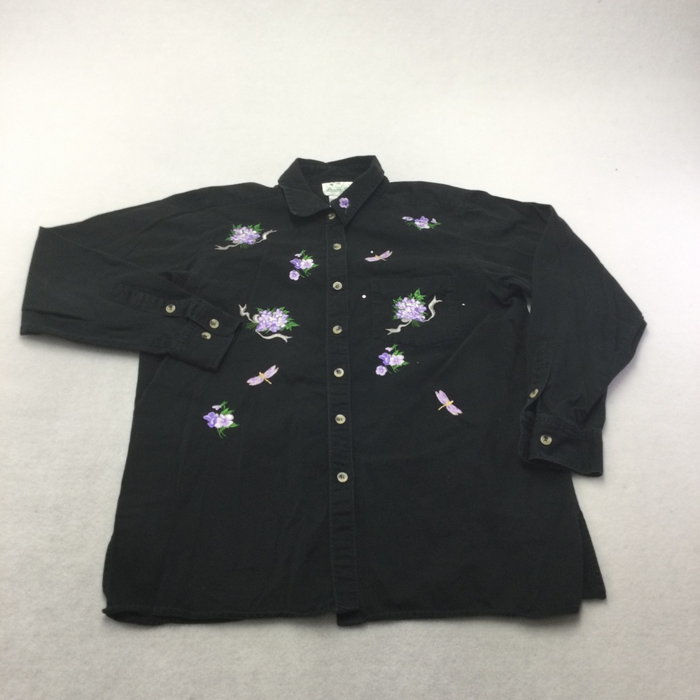 Quacker Factory Shirt Womens Medium Black Floral Embroidered Button Up Tunic